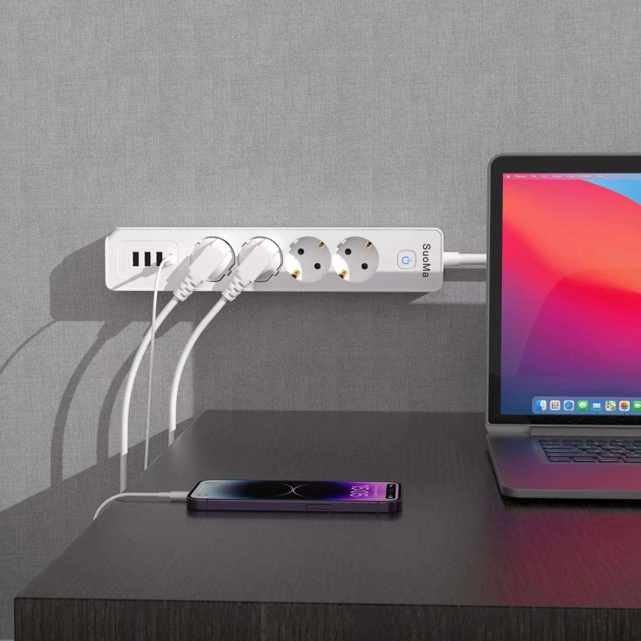 EU Power Strip Surge Protector with 3-way Socket Switch 1.4m Cable Length 16A