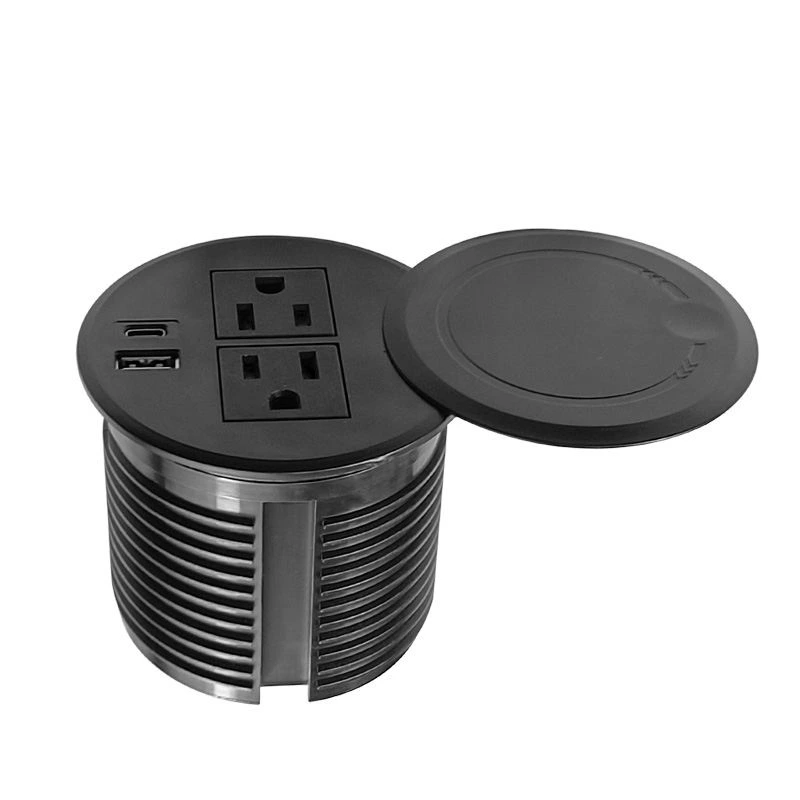 80mm Round Flush Mounted Furniture Hidden Sliding Socket with US Standard Outlets USB Charging and Type-C Port