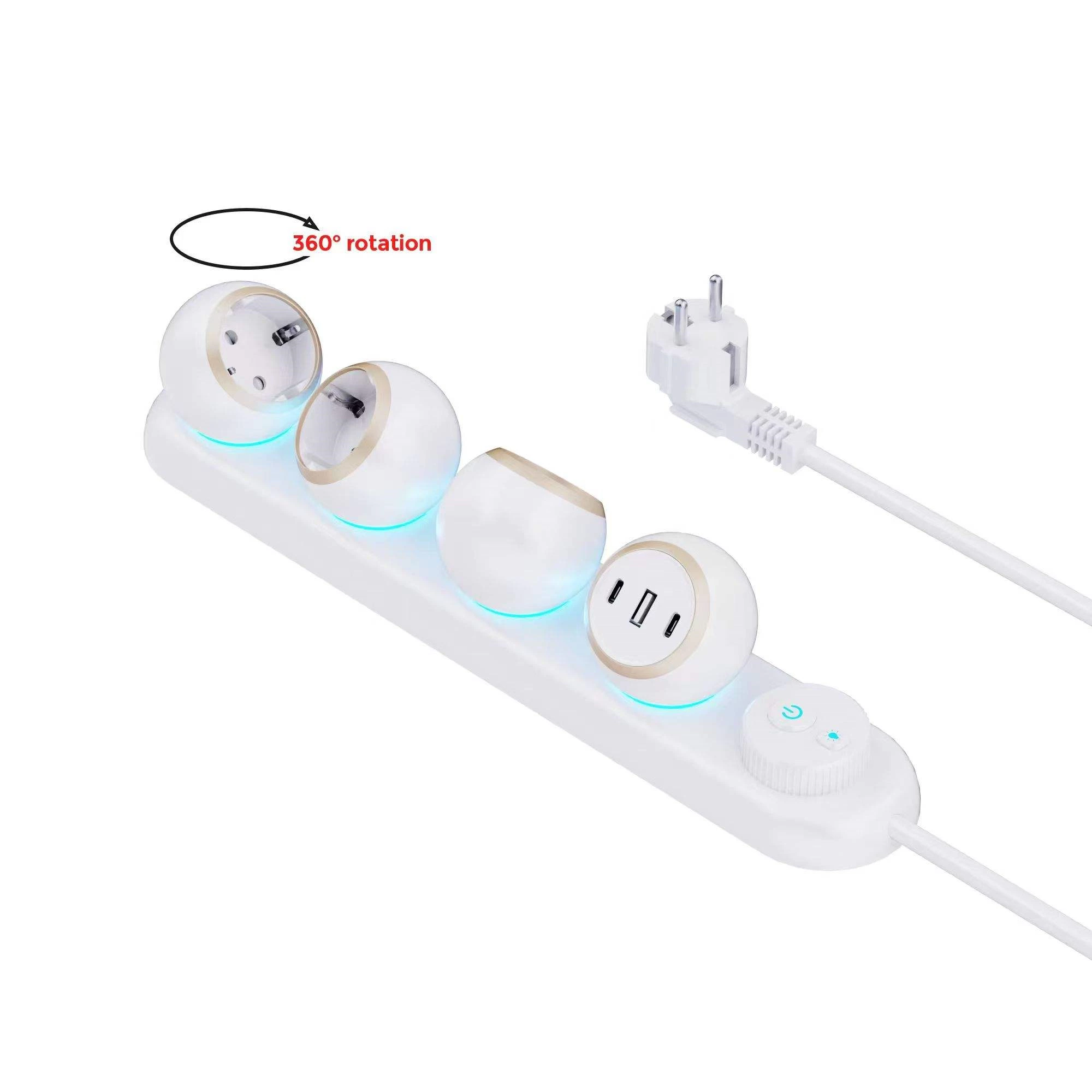 360 Rotation Multi-Plug Socket New Design EU Standard Power Socket with 3AC Outlets 2TYPE-C 1 USB-A Power Strip