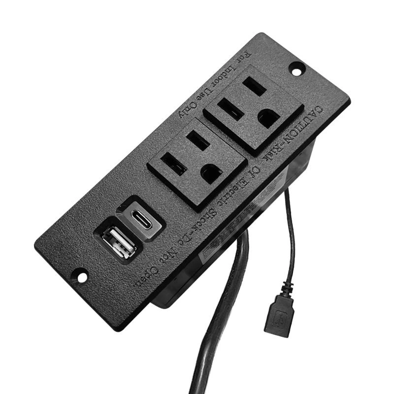 2US Power Mounted Furniture Power Outlet USB Type C Charging Ports Desk Recessed US Panel Socket