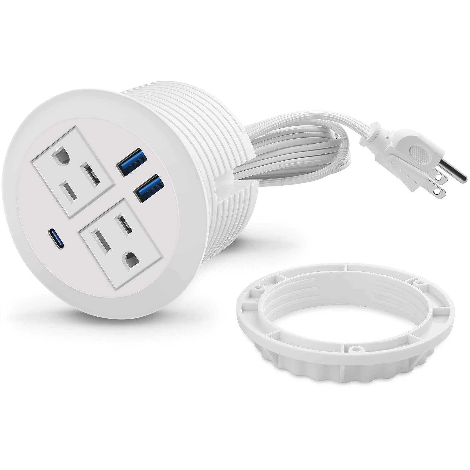 White 3 1/8 Inch Desk Power Grommet Outlet Recessed Power Strip Socket with 2 USB Fast Charging