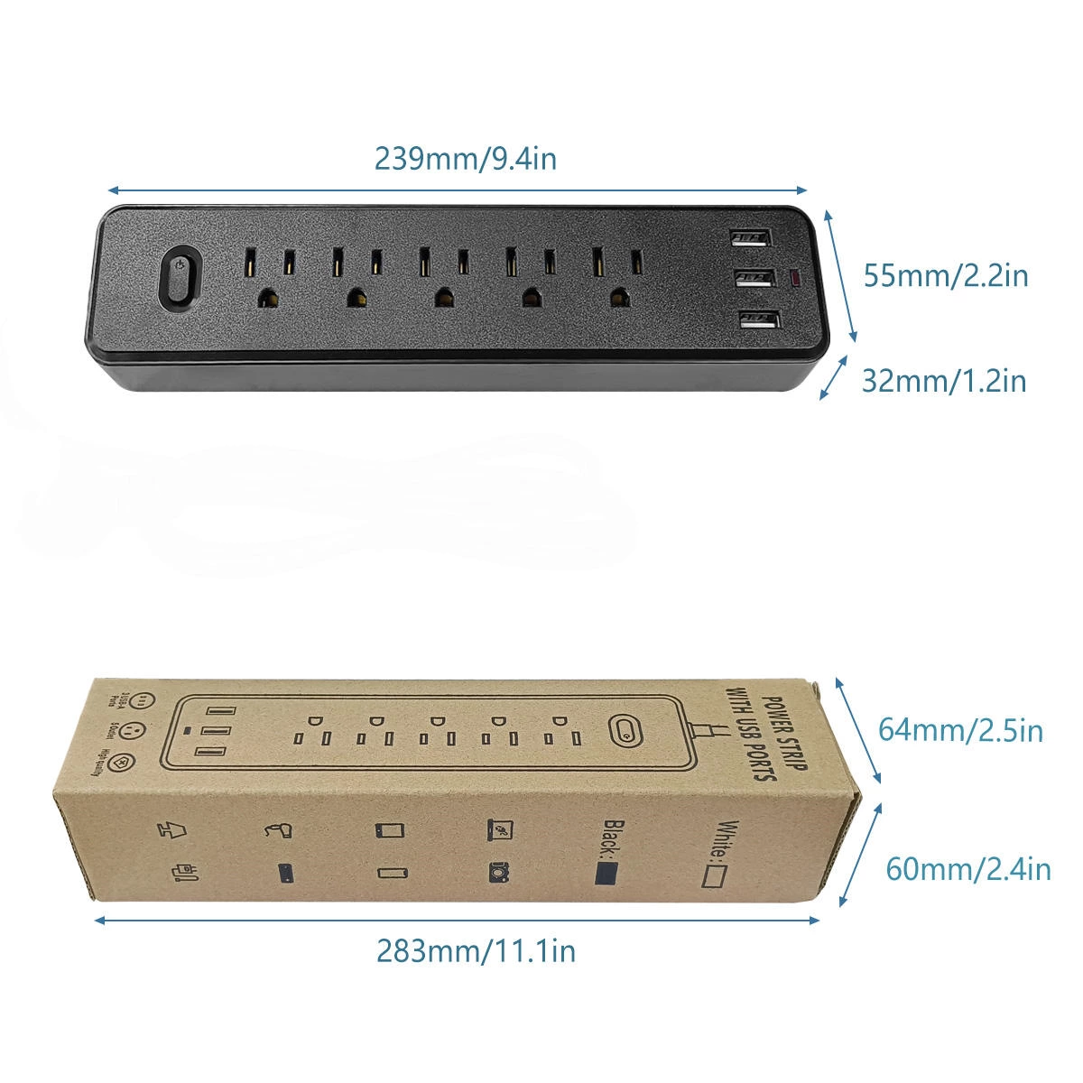 US Surge Protector 15A 110V Black Intelligent 3 USB Socket Extension with USB Ports Power Strip