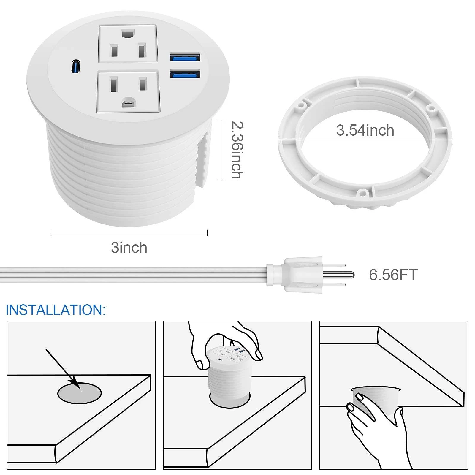 White 3 1/8 Inch Desk Power Grommet Outlet Recessed Power Strip Socket with 2 USB Fast Charging