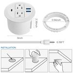 White 3 1/8 Inch Desk Power Grommet Outlet Recessed Power Strip Socket with 2 USB Fast Charging