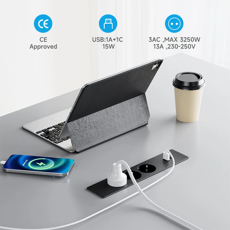 EU Outlet Recessed Power Strip Socket with 2 USB Ports Desk Outlet European Socket Power Extension Board Flush Mount Power