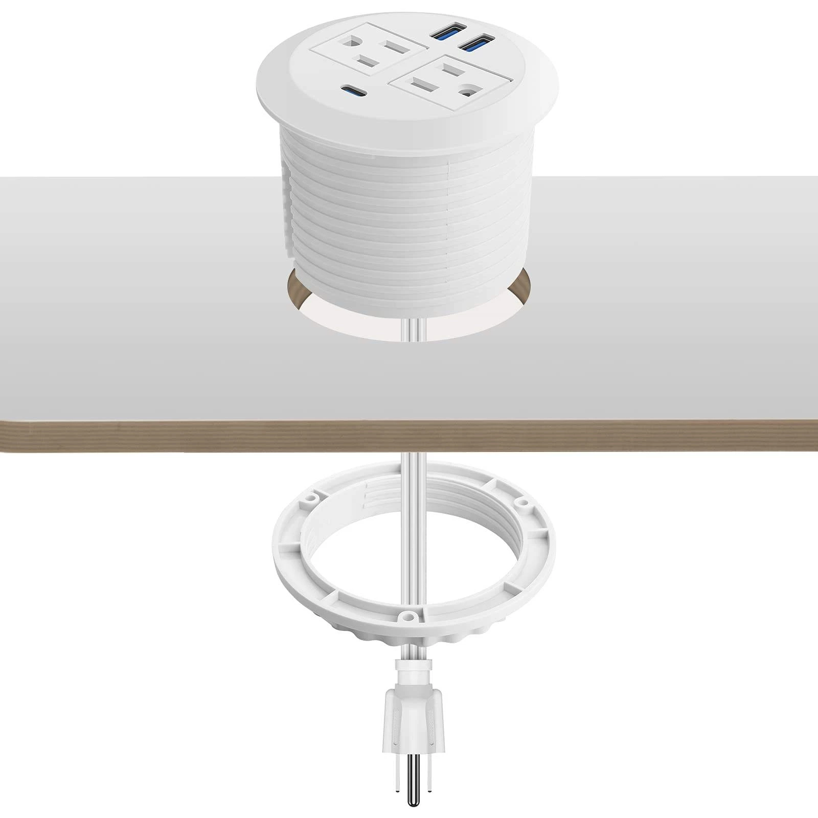 White 3 1/8 Inch Desk Power Grommet Outlet Recessed Power Strip Socket with 2 USB Fast Charging