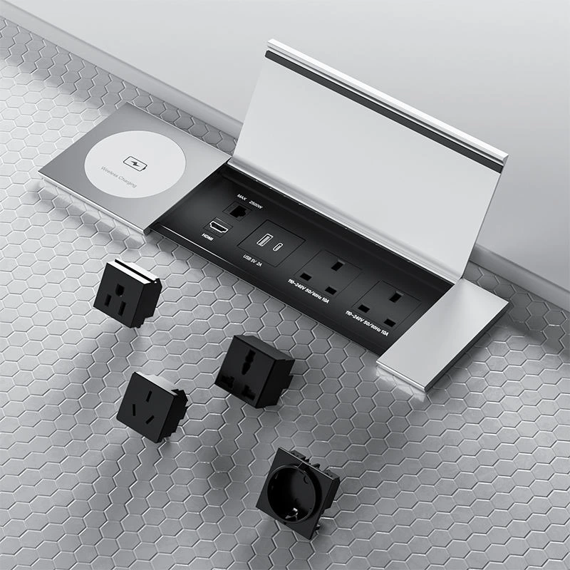 Cable Cubby Hidden Recessed Desktop Power Outlet Flip Lid Power Socket Custom Outlet Boxes for Furniture Workspace