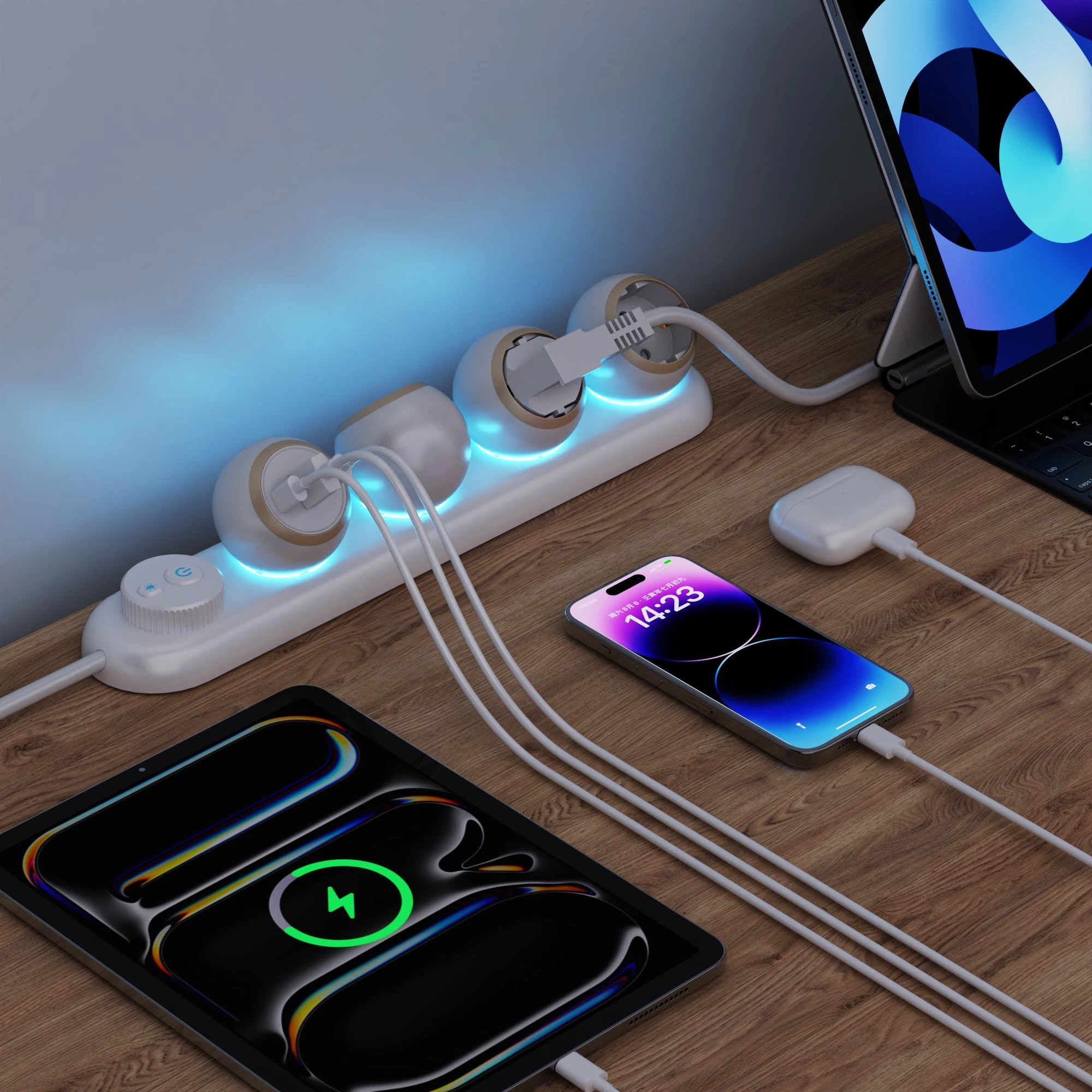 360 Rotation Multi-Plug Socket New Design EU Standard Power Socket with 3AC Outlets 2TYPE-C 1 USB-A Power Strip