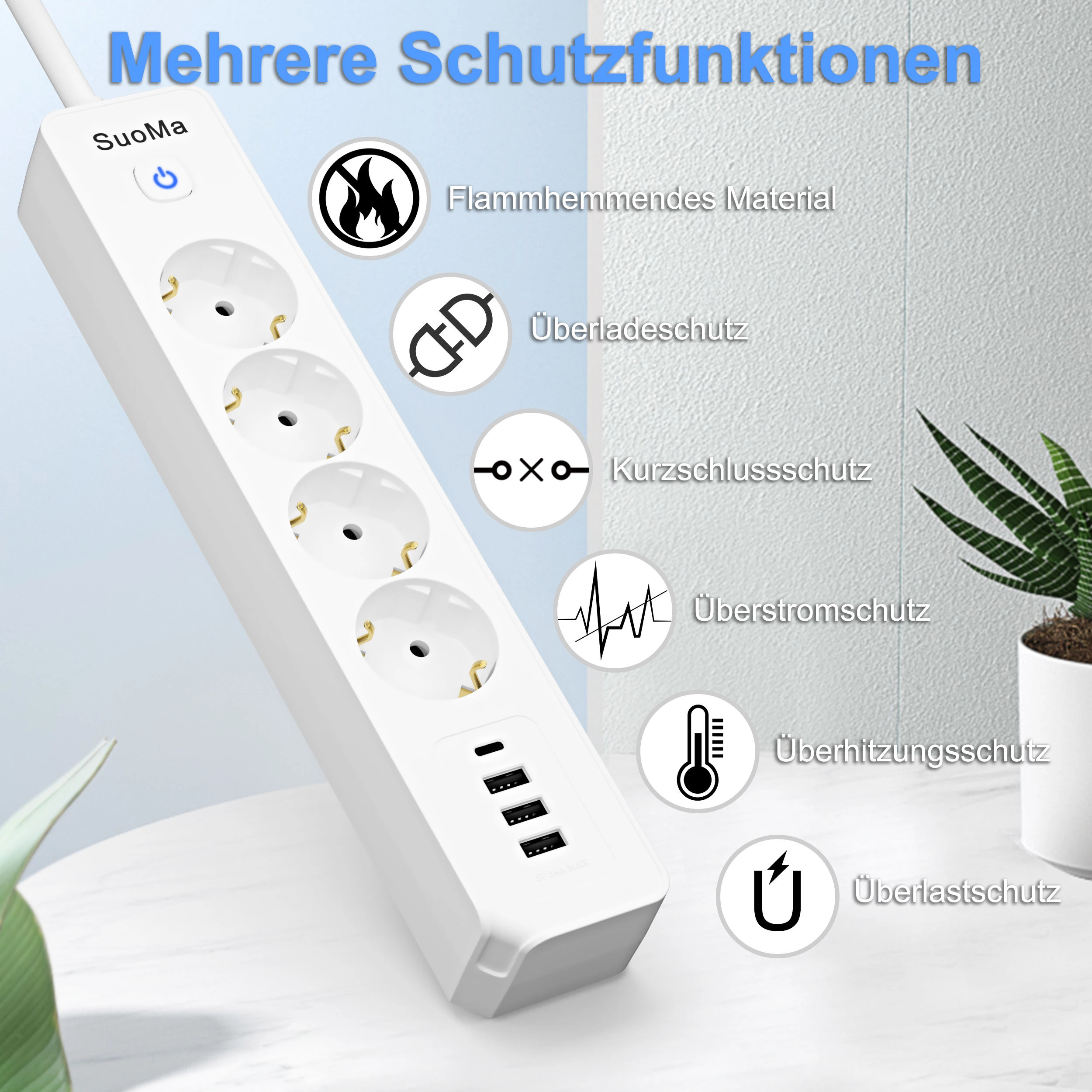 EU Power Strip Surge Protector with 3-way Socket Switch 1.4m Cable Length 16A