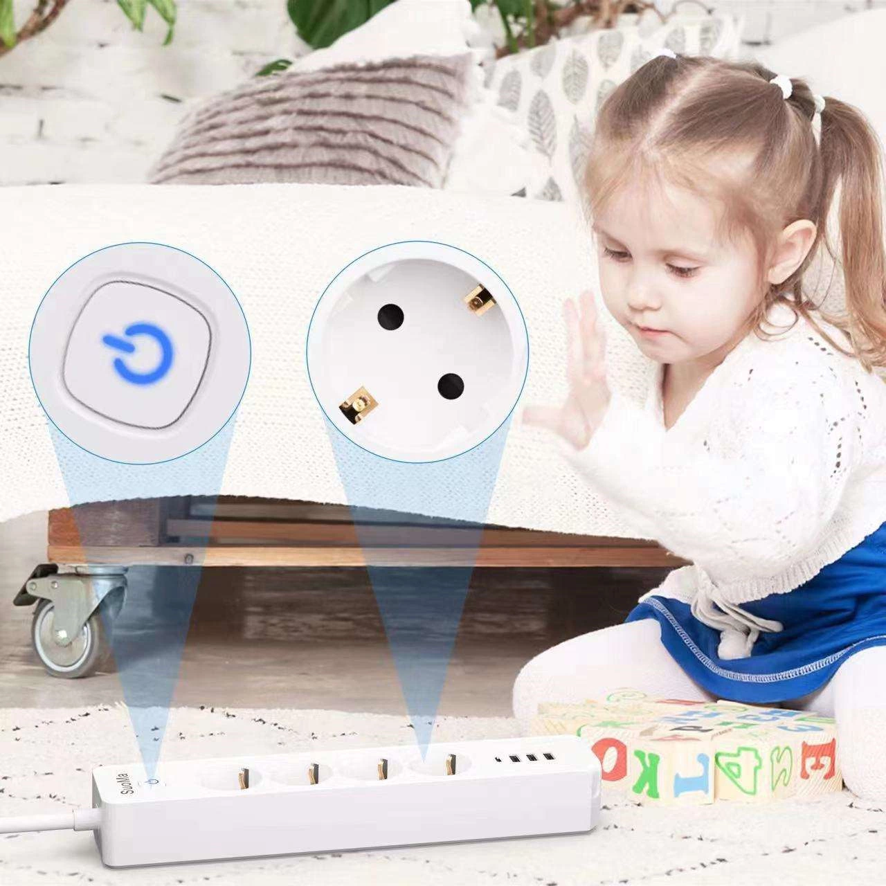 EU Power Strip Surge Protector with 3-way Socket Switch 1.4m Cable Length 16A