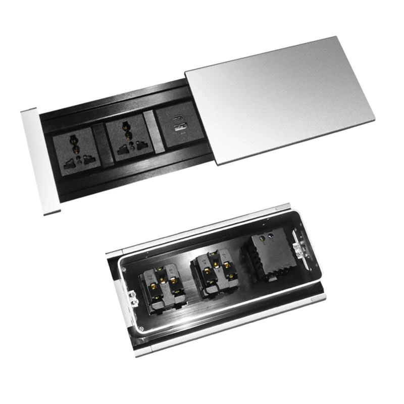 US Eu Plug Socket Furniture Recessed Hidden Sliding Cover Power Socket With USB Port and Network Tabletop Multimedia