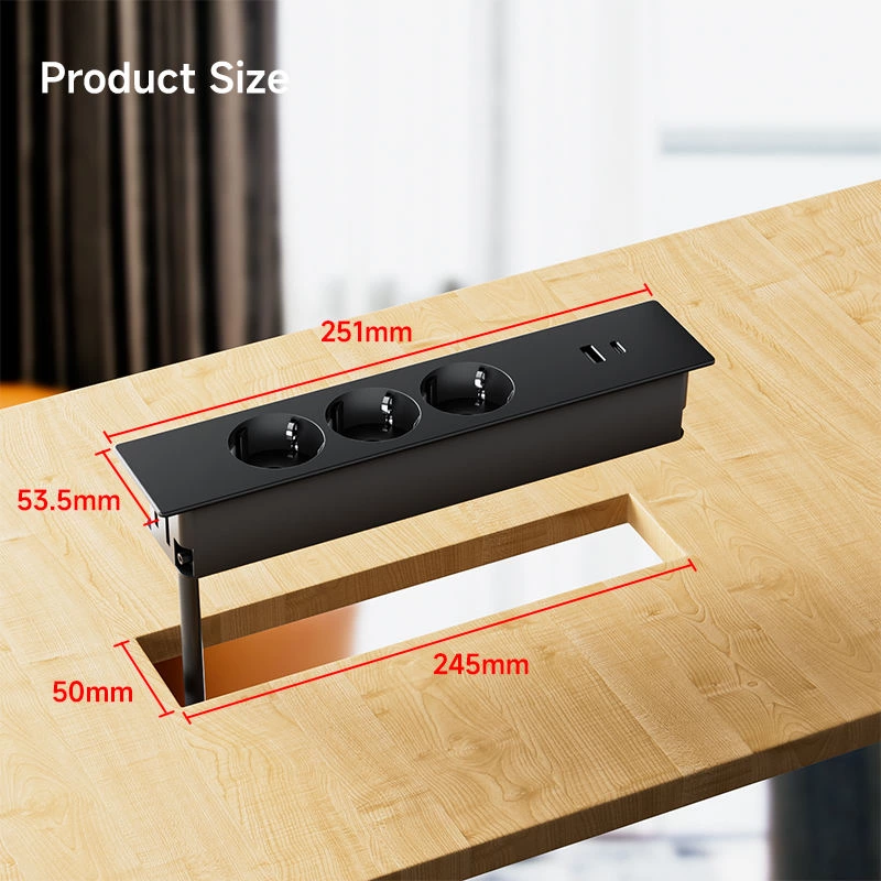 EU Outlet Recessed Power Strip Socket with 2 USB Ports Desk Outlet European Socket Power Extension Board Flush Mount Power