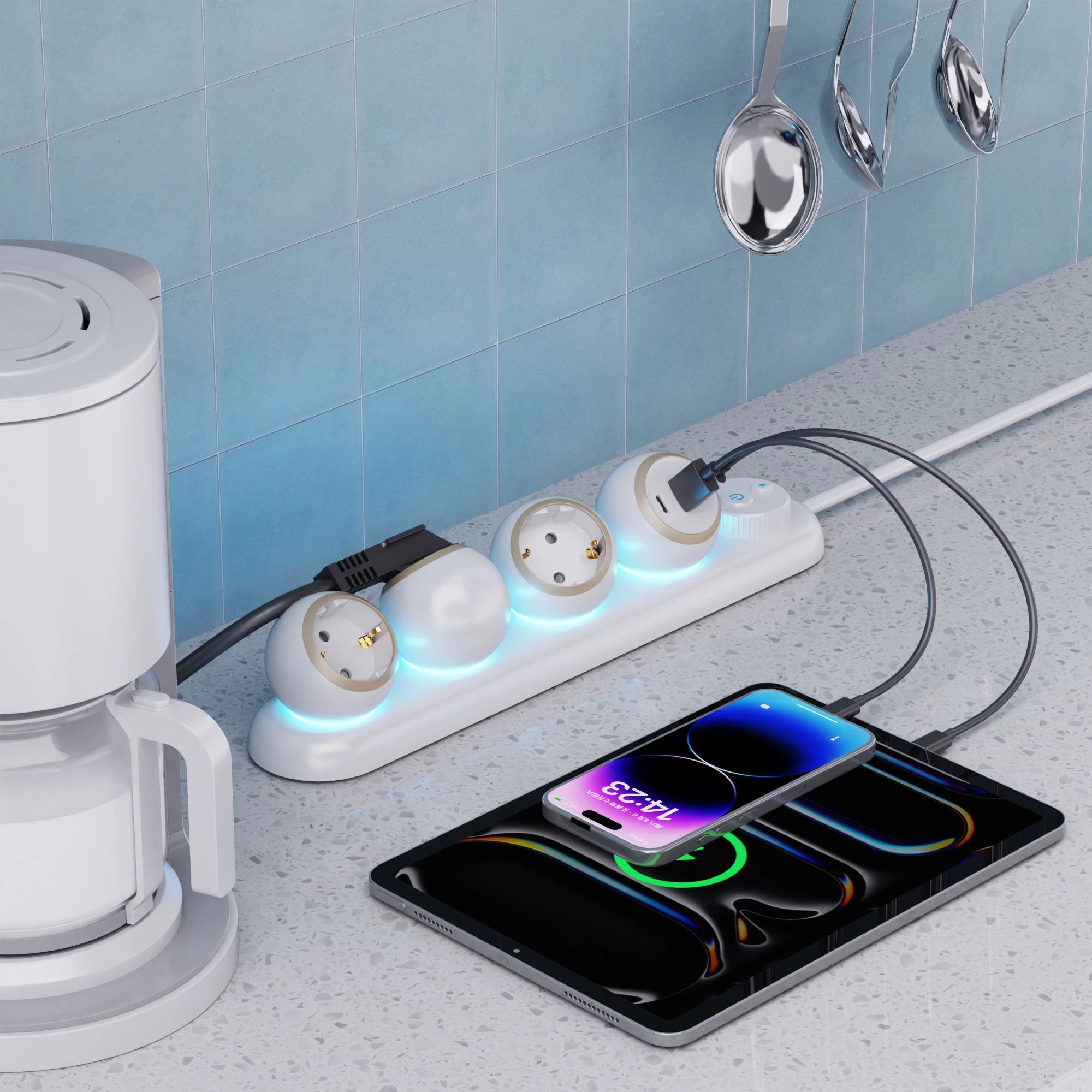 360 Rotation Multi-Plug Socket New Design EU Standard Power Socket with 3AC Outlets 2TYPE-C 1 USB-A Power Strip