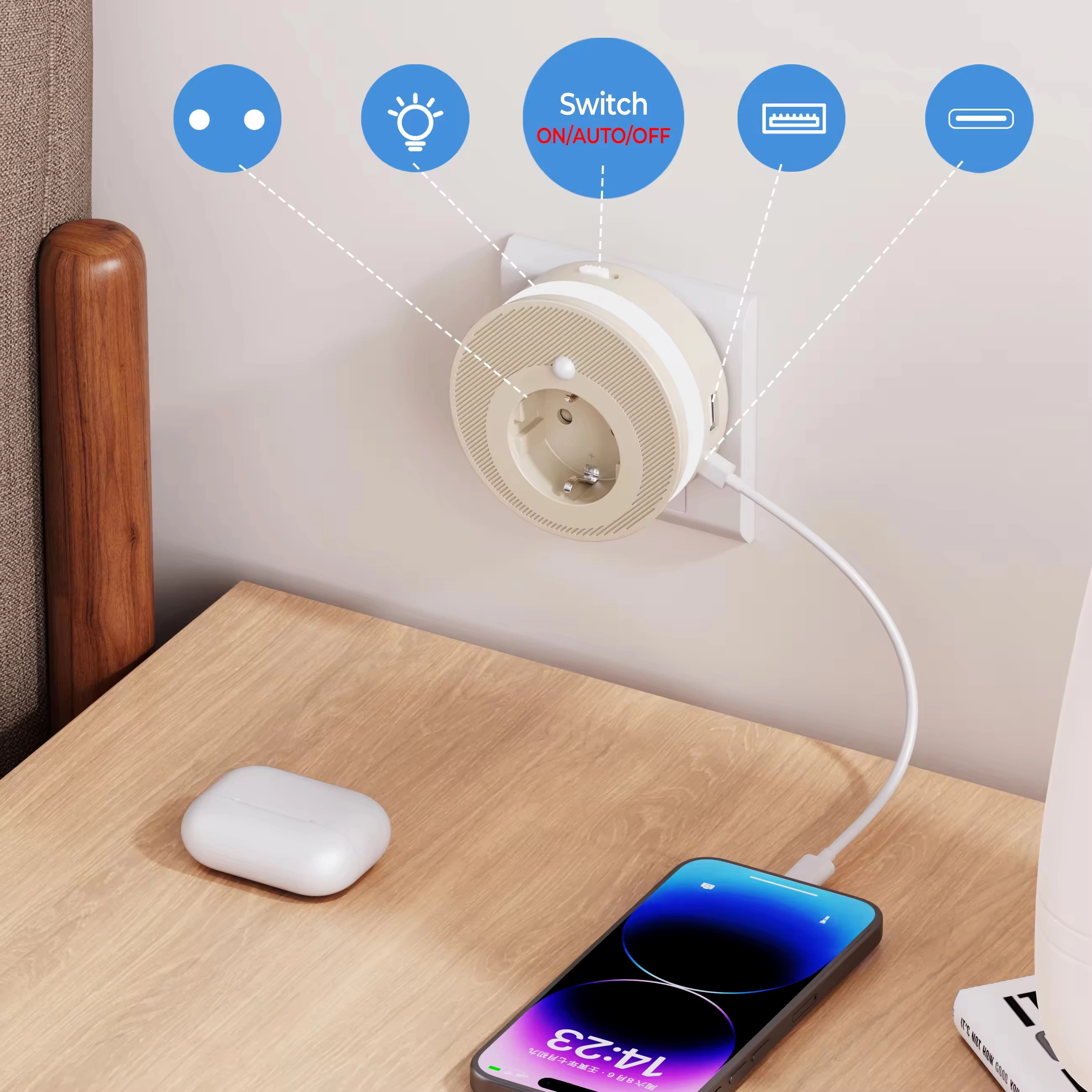 Socket Night Lamp Warm Smart Home New Style EU Standard Independent Switch with Power Strips Multi USB-A TYPE-C