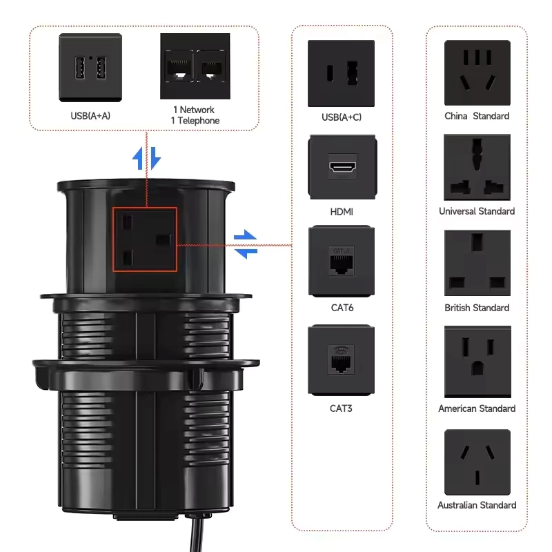 Factory Hot Sale EU Standard Kitchen Pop up Sockets 1.8m Cable Black Retractable Sockets Office Table and Workshop Power Socket