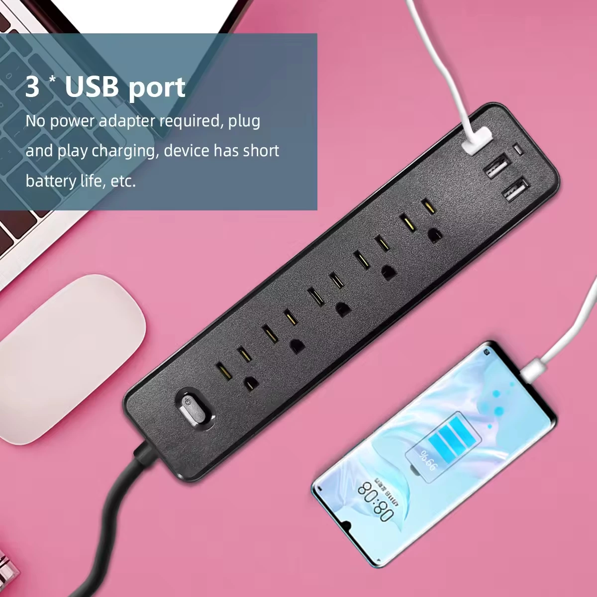 US Surge Protector 15A 110V Black Intelligent 3 USB Socket Extension with USB Ports Power Strip