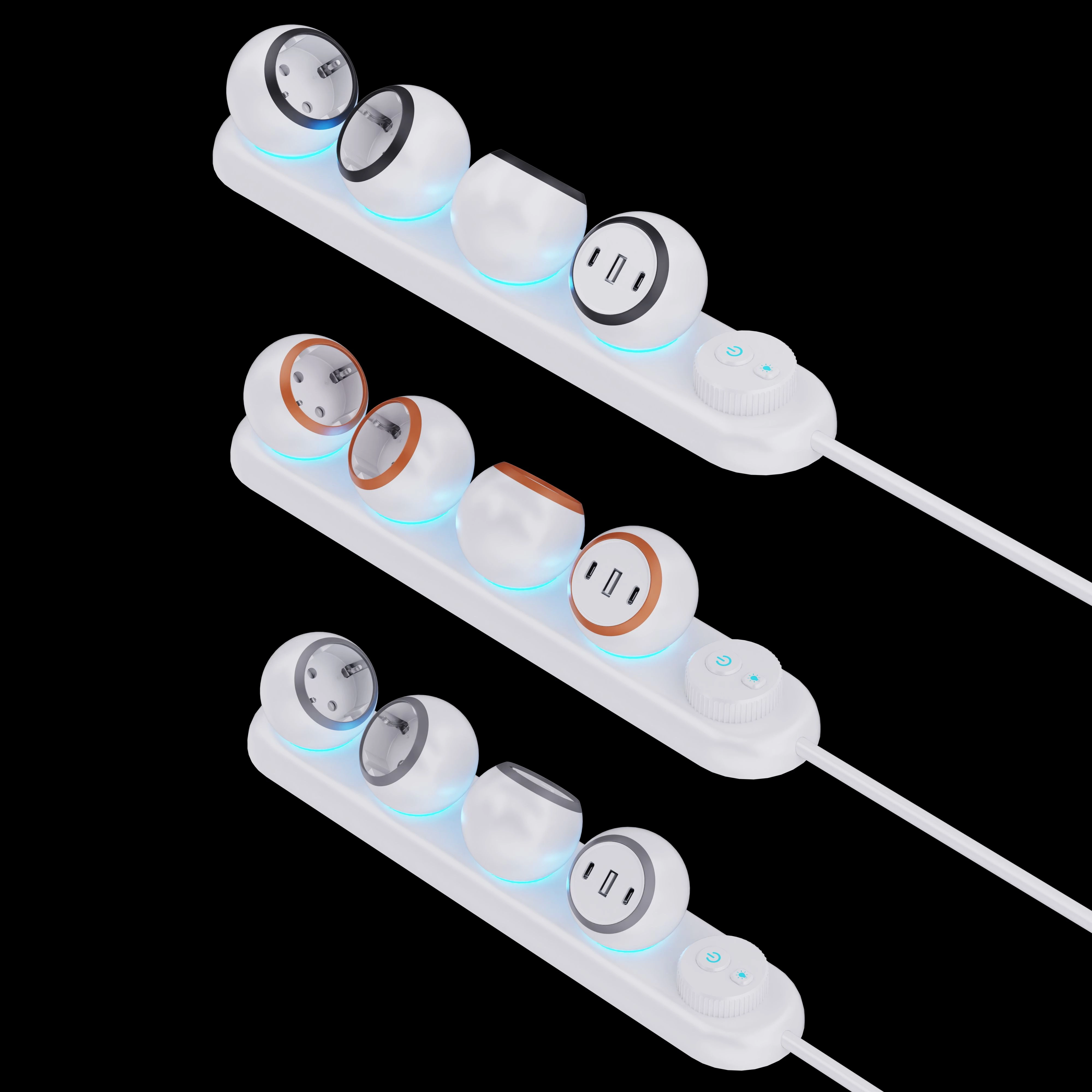 360 Rotation Multi-Plug Socket New Design EU Standard Power Socket with 3AC Outlets 2TYPE-C 1 USB-A Power Strip