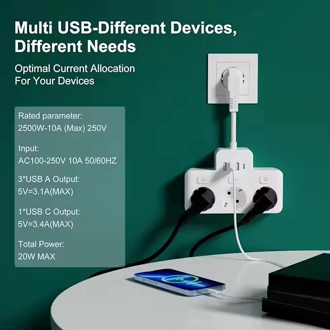EU Socket Power Strip with USB Ports Type C CE 3 Outlets Sockets Wall Extension Plug with Switch