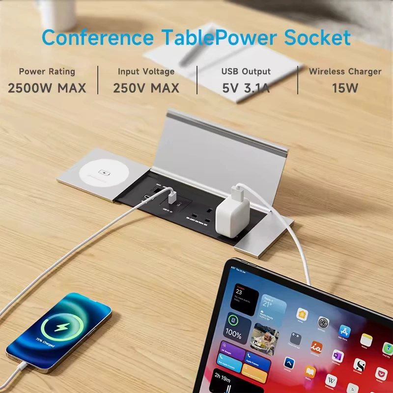 Extension Power Strip USB Socket Sliding Socket with 15W Wireless Charger