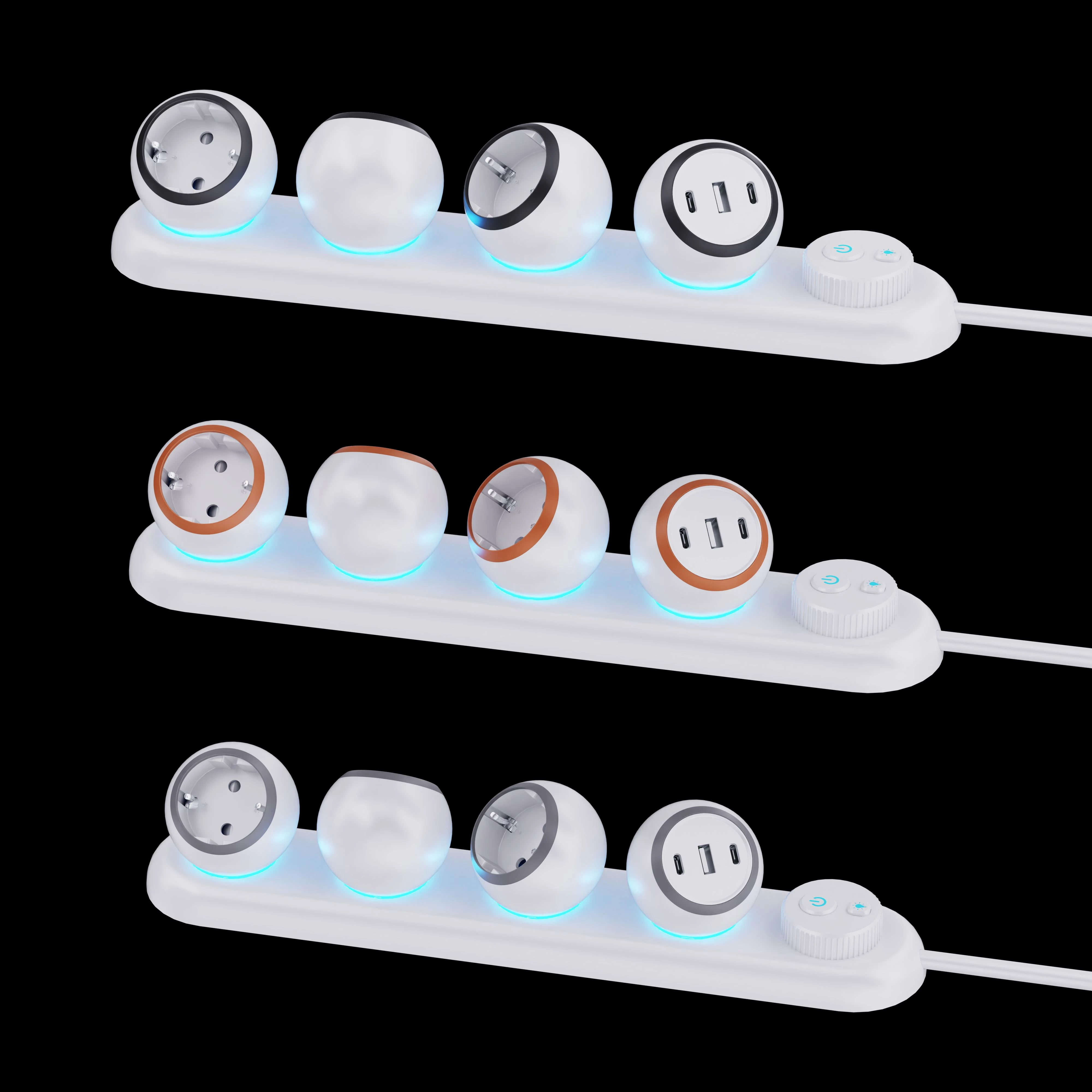 360 Rotation Multi-Plug Socket New Design EU Standard Power Socket with 3AC Outlets 2TYPE-C 1 USB-A Power Strip