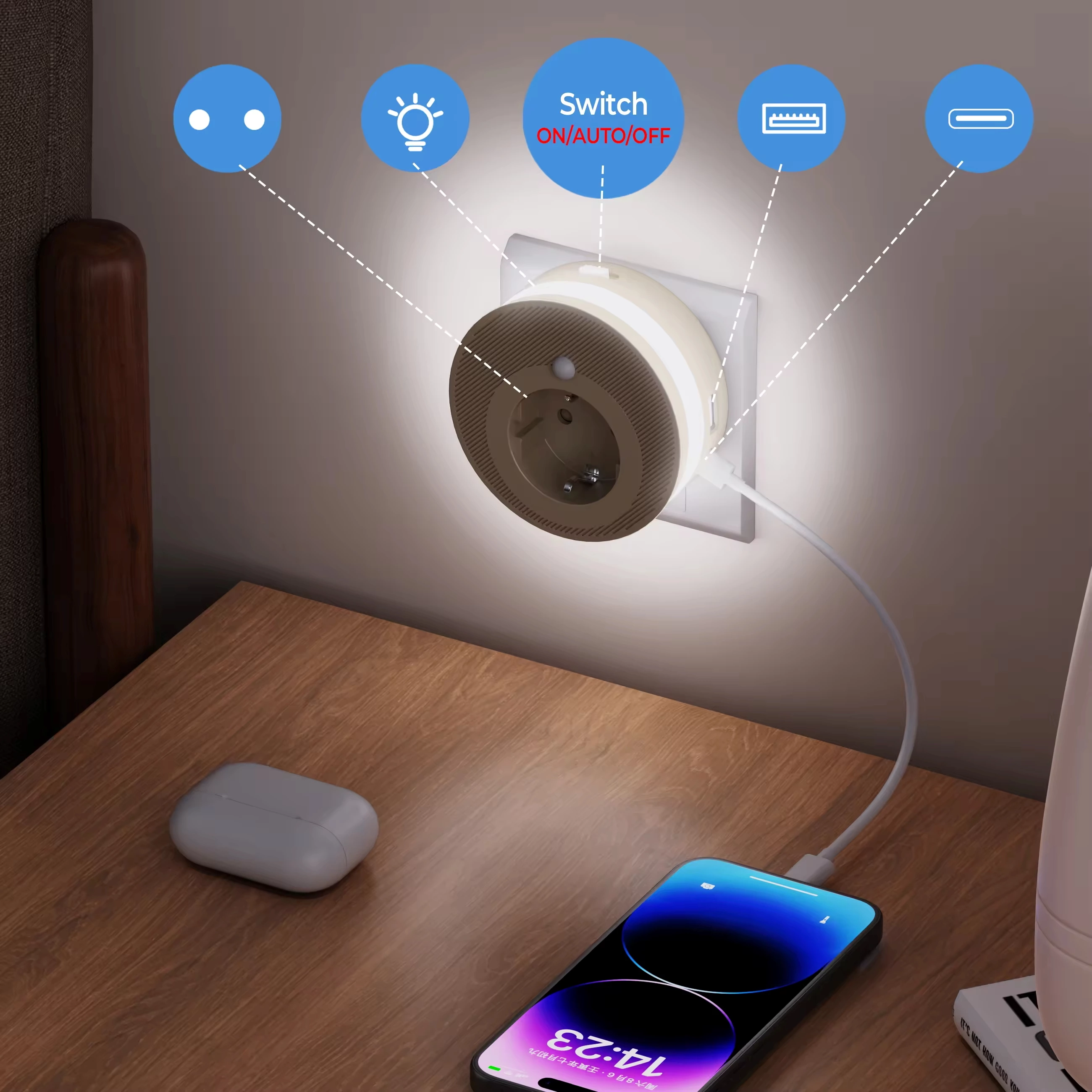 Socket Night Lamp Warm Smart Home New Style EU Standard Independent Switch with Power Strips Multi USB-A TYPE-C