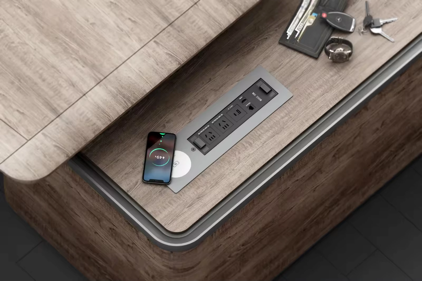 Table Hidden Desktop Rotating Cable Cubby Electrical Socket Panel Mount Socket with Wireless Charger