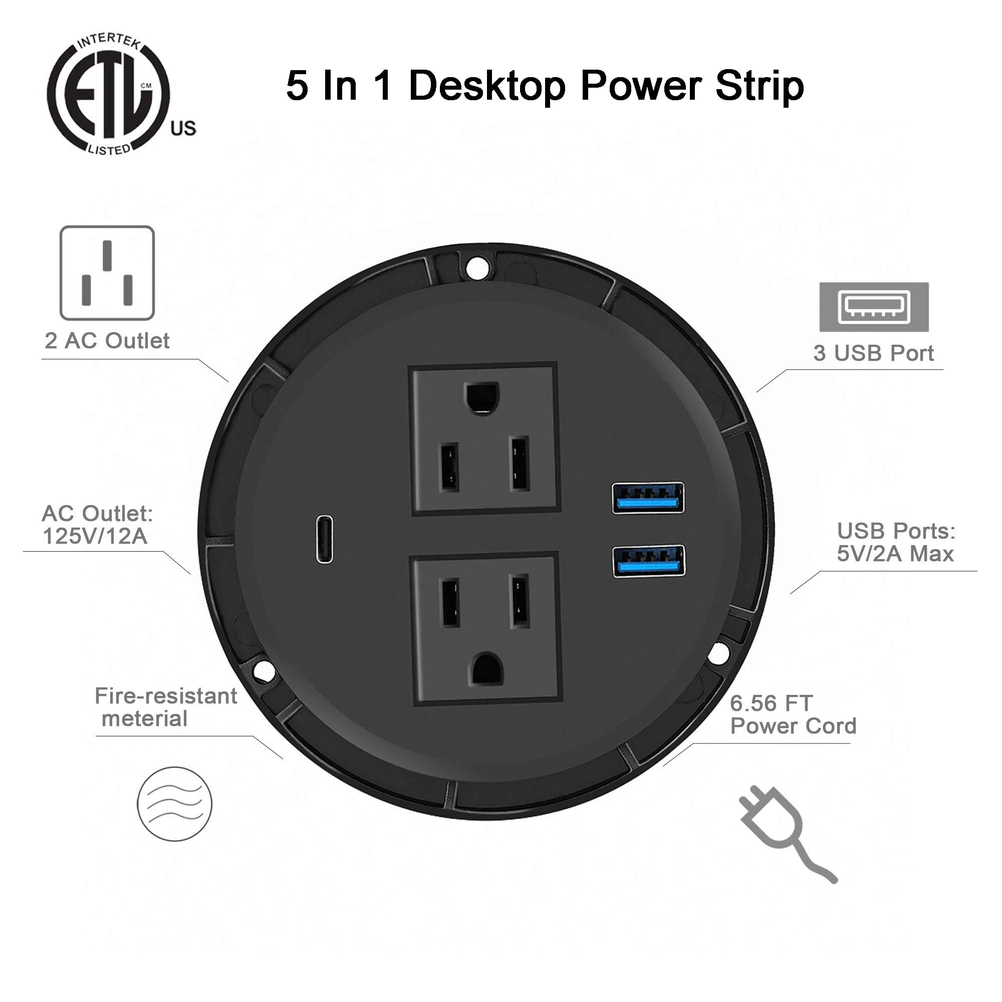 Desktop Power Grommet With Pd 20w Usb C,recessed Power Strip With Usb Port, Desk Outlet Socket With Usb C,2 Ac Outlets And 3 Usb Charging Port 6.56 Ft Extension Cord
