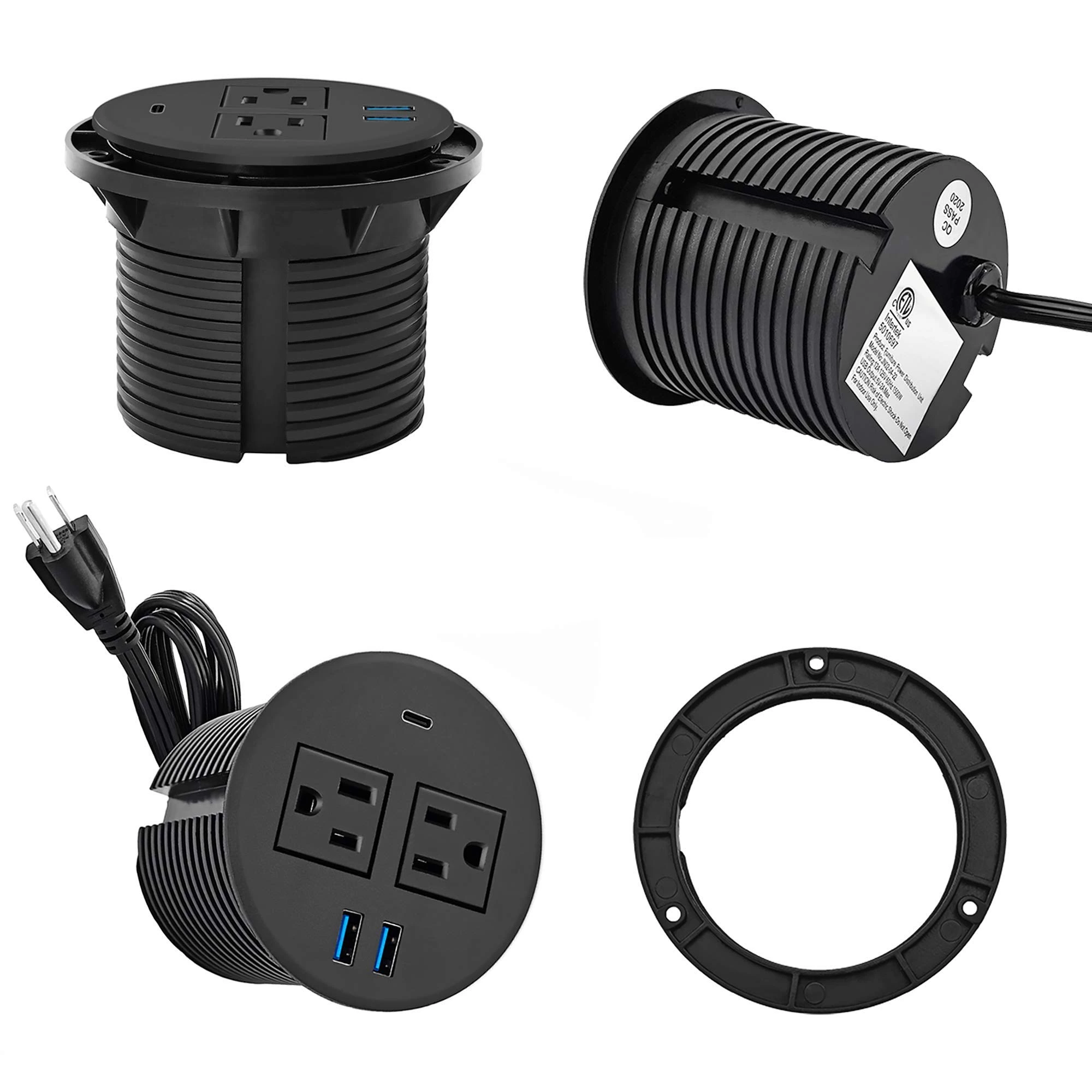 Desktop Power Grommet With Pd 20w Usb C,recessed Power Strip With Usb Port, Desk Outlet Socket With Usb C,2 Ac Outlets And 3 Usb Charging Port 6.56 Ft Extension Cord