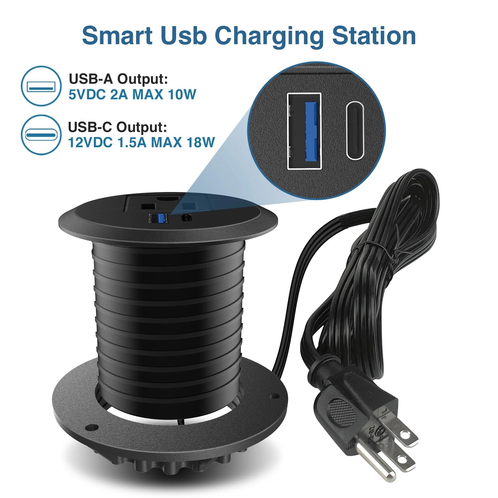 Desktop Power Grommet, 2inch Desktop Power Grommet Outlet, Recessed Power Strip Outlet with 1 USB and 1 Type-C, 20W PD Fast Charge for Desk, Kitchen, Office, Home, Hotel