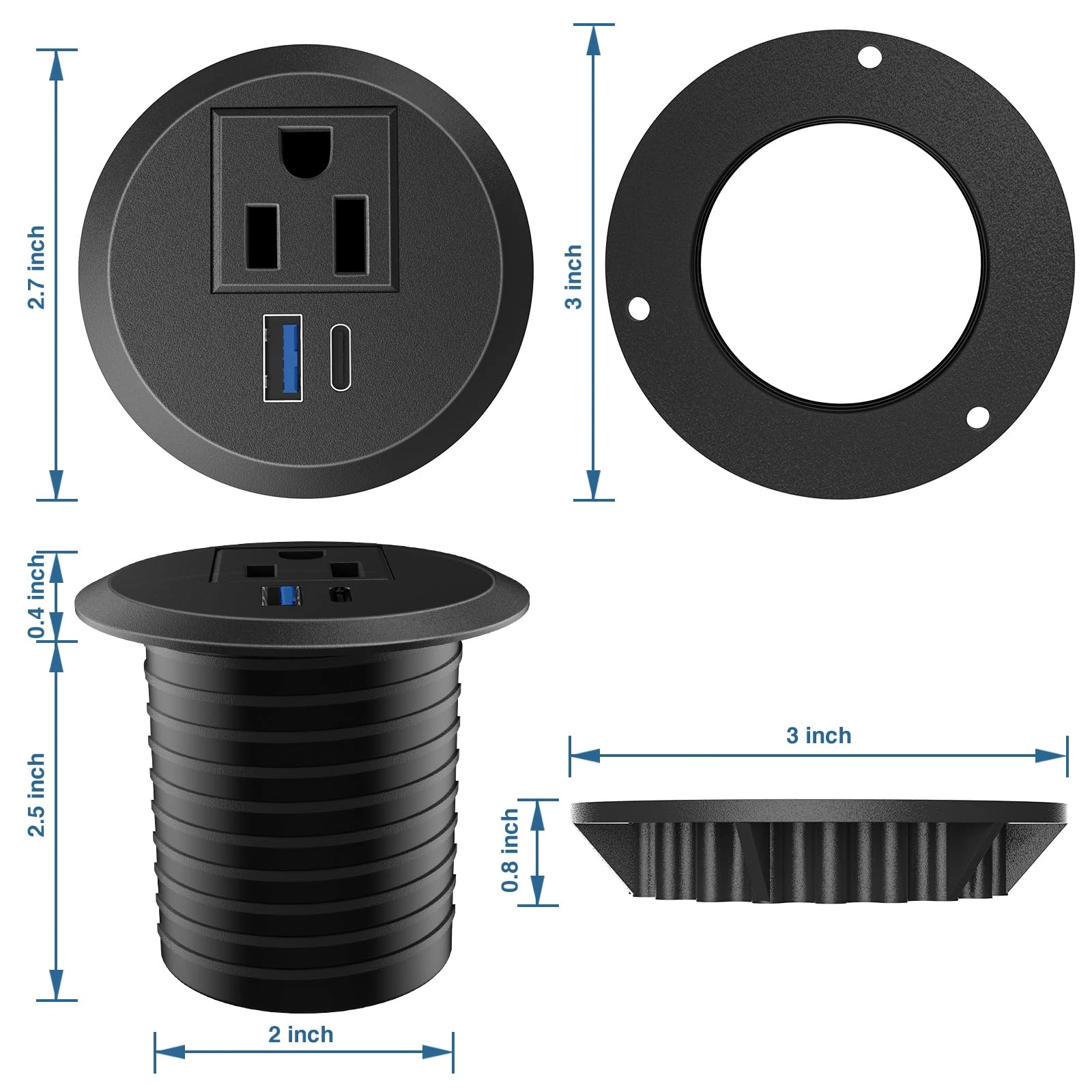 Desktop Power Grommet, 2inch Desktop Power Grommet Outlet, Recessed Power Strip Outlet with 1 USB and 1 Type-C, 20W PD Fast Charge for Desk, Kitchen, Office, Home, Hotel