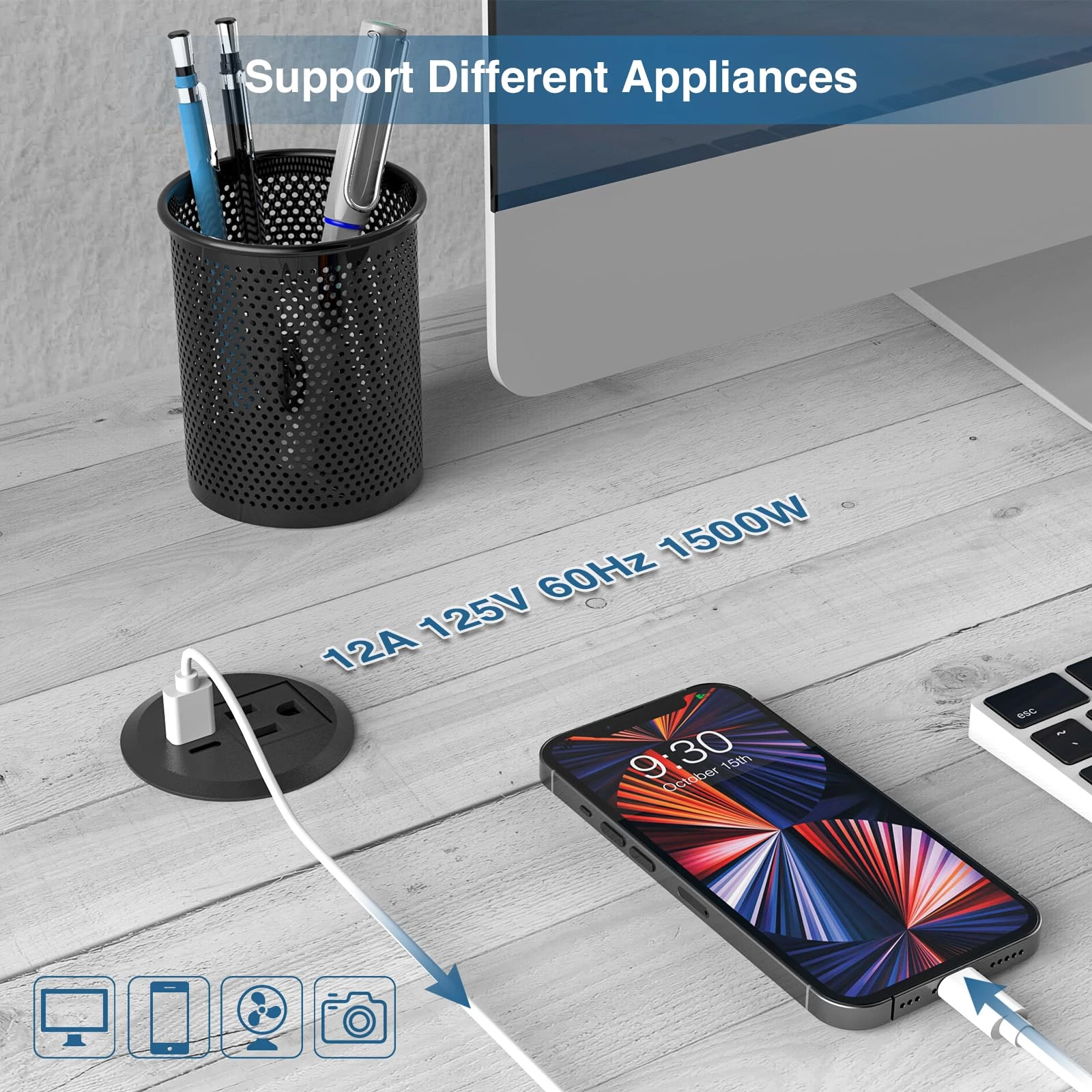 Desktop Power Grommet, 2inch Desktop Power Grommet Outlet, Recessed Power Strip Outlet with 1 USB and 1 Type-C, 20W PD Fast Charge for Desk, Kitchen, Office, Home, Hotel