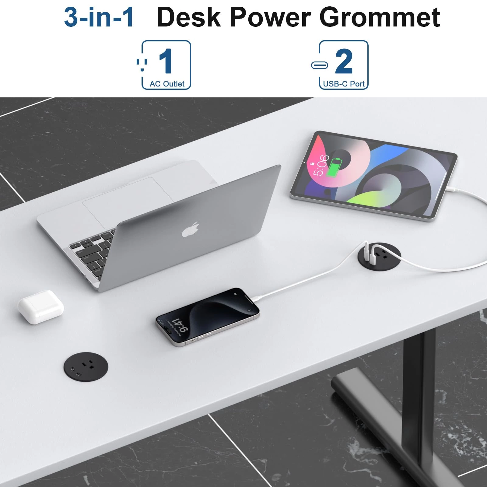 Desk Power Grommet Recessed Power Strip With Ac Outlet & 2x Pd 20w Usb C For Modern Desk, Kitchen Island & Workshop, Black