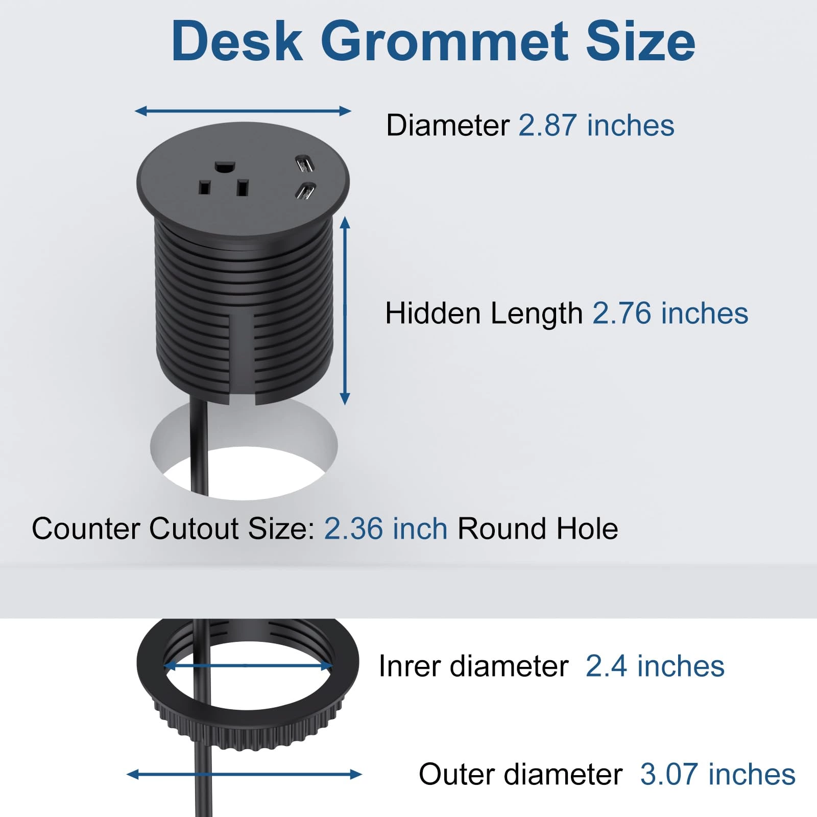 Desk Power Grommet Recessed Power Strip With Ac Outlet & 2x Pd 20w Usb C For Modern Desk, Kitchen Island & Workshop, Black