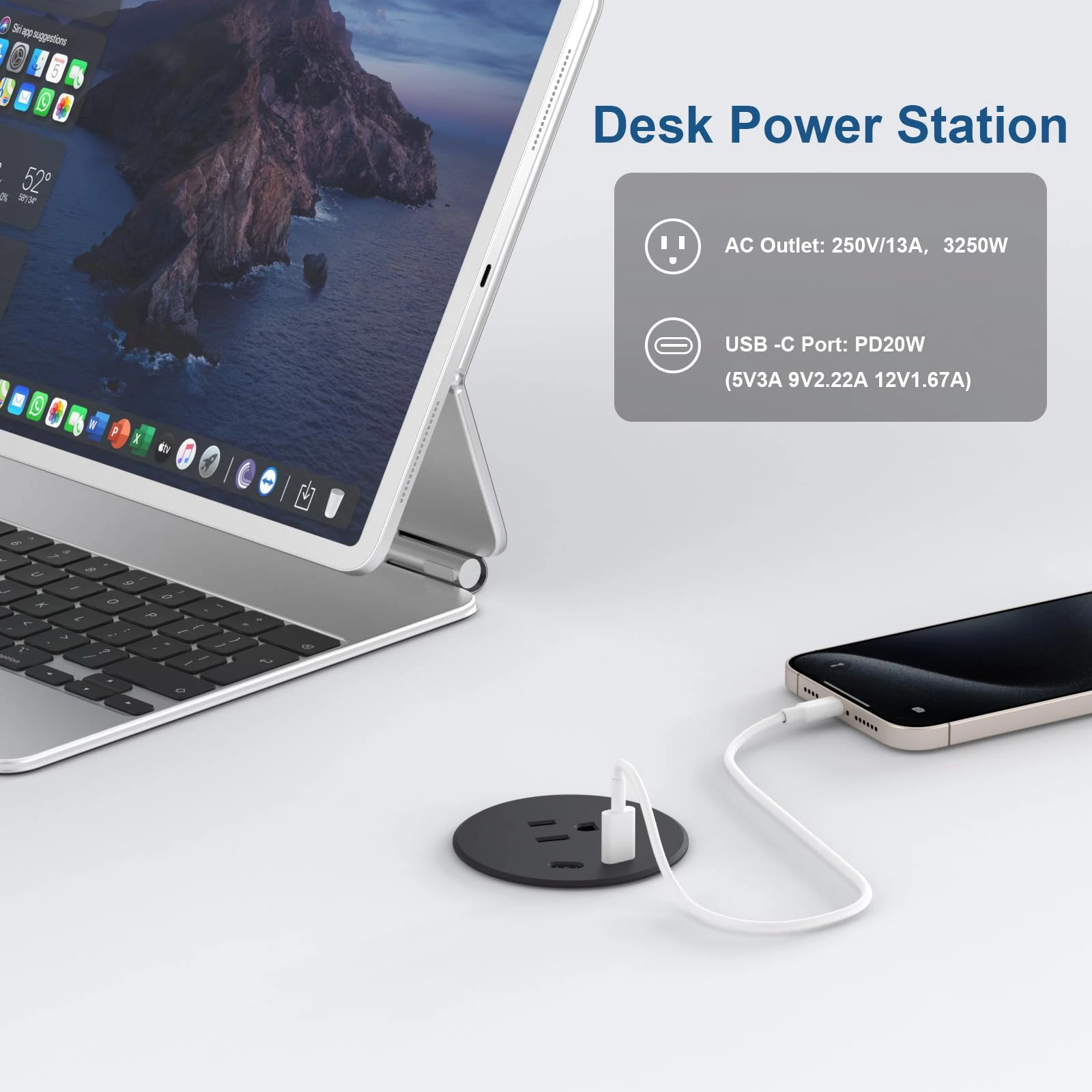 Desk Power Grommet Recessed Power Strip With Ac Outlet & 2x Pd 20w Usb C For Modern Desk, Kitchen Island & Workshop, Black