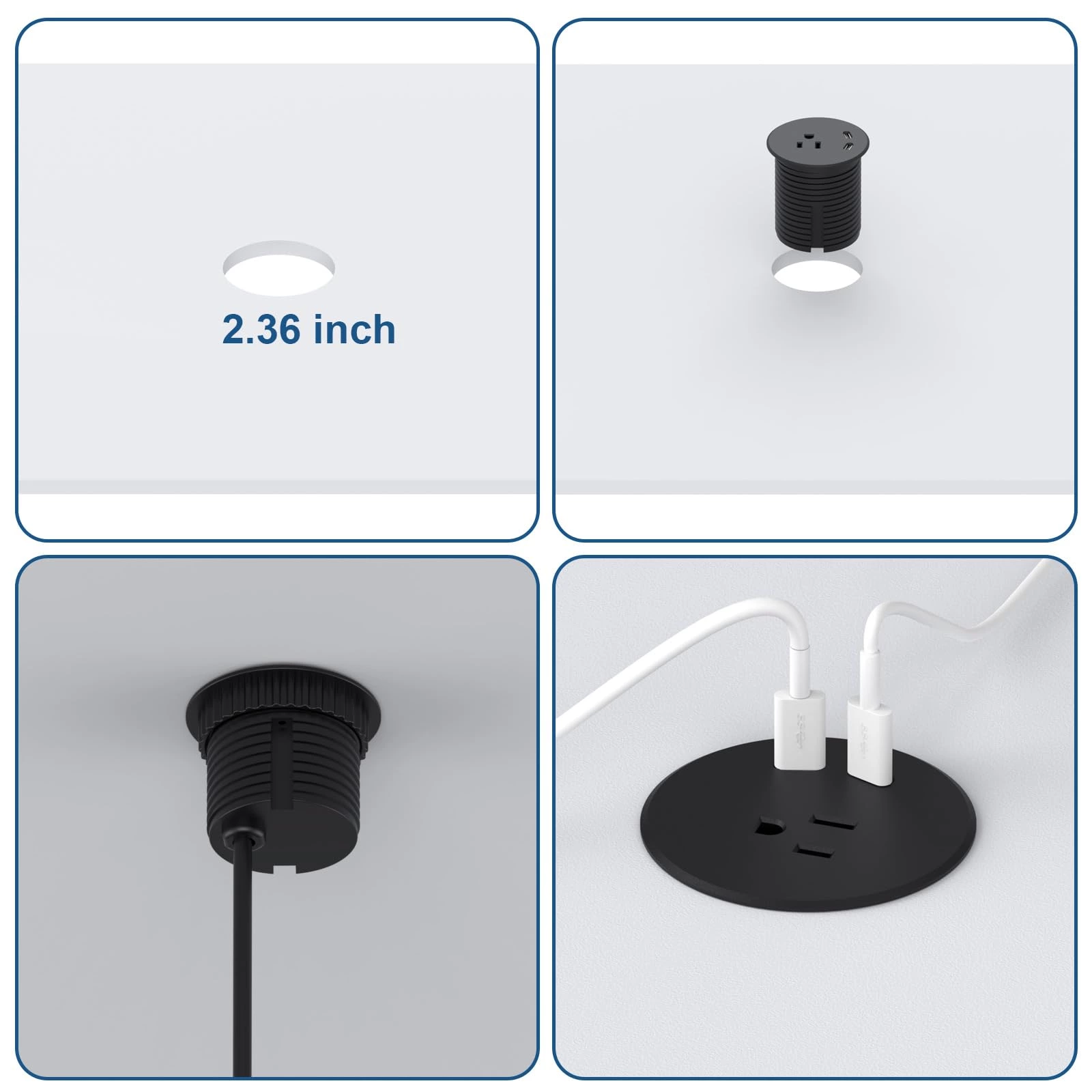Desk Power Grommet Recessed Power Strip With Ac Outlet & 2x Pd 20w Usb C For Modern Desk, Kitchen Island & Workshop, Black