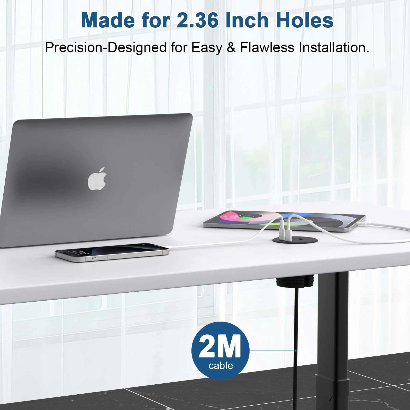 Desk Power Grommet Recessed Power Strip With Ac Outlet & 2x Pd 20w Usb C For Modern Desk, Kitchen Island & Workshop, Black