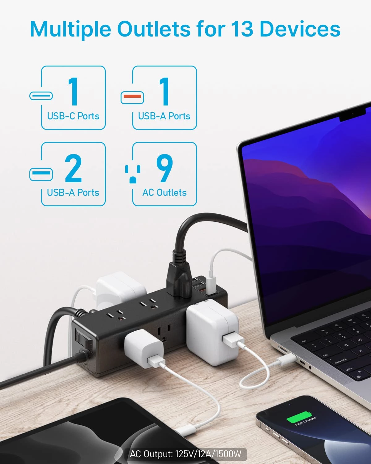 Desk Clamp Power Strip With 9 Outlets, Desktop Edge Mount Surge Protector With Usb-a And Usb-c Port