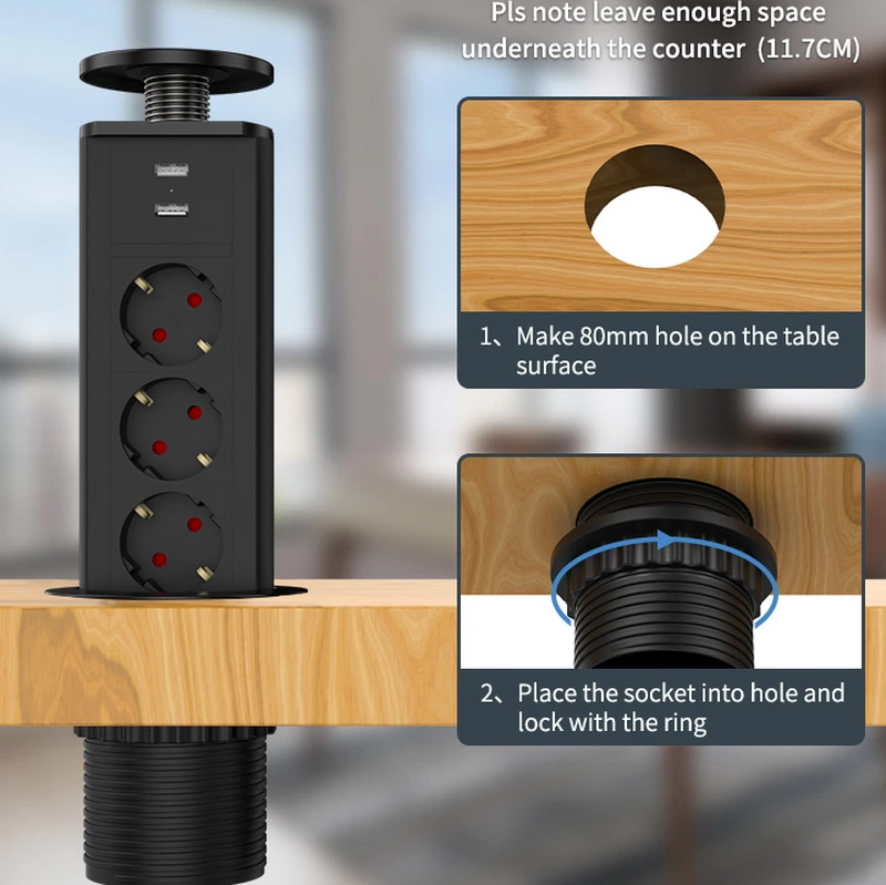 Tabletop Power Strip with 3 Outlets and Pop up Socket Aluminum & Copper EU Plug for Home Office Kitchen 2type-c 1usb-A 67W