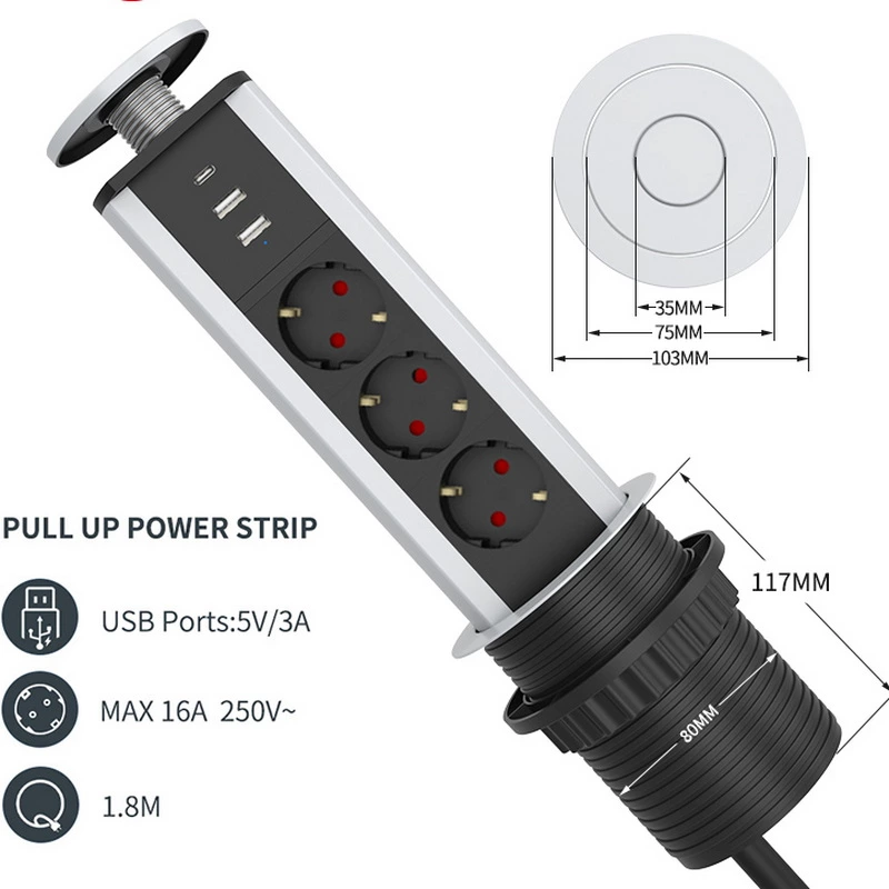 Tabletop Power Strip with 3 Outlets and Pop up Socket Aluminum & Copper EU Plug for Home Office Kitchen 2type-c 1usb-A 67W