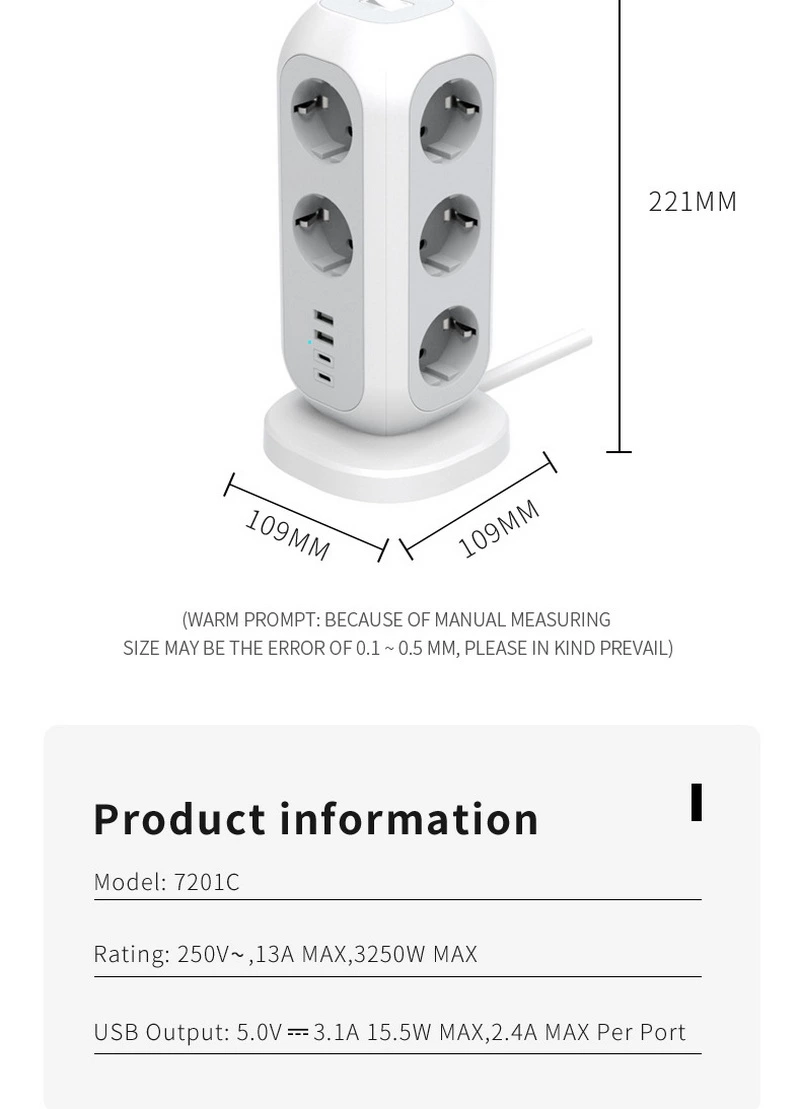 Tower Power Socket With 11 EU Power 2 USB-A, 2USB-C
