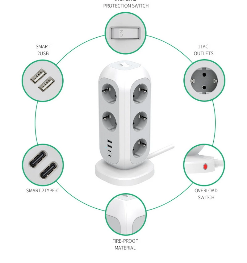 Tower Power Socket With 11 EU Power 2 USB-A, 2USB-C