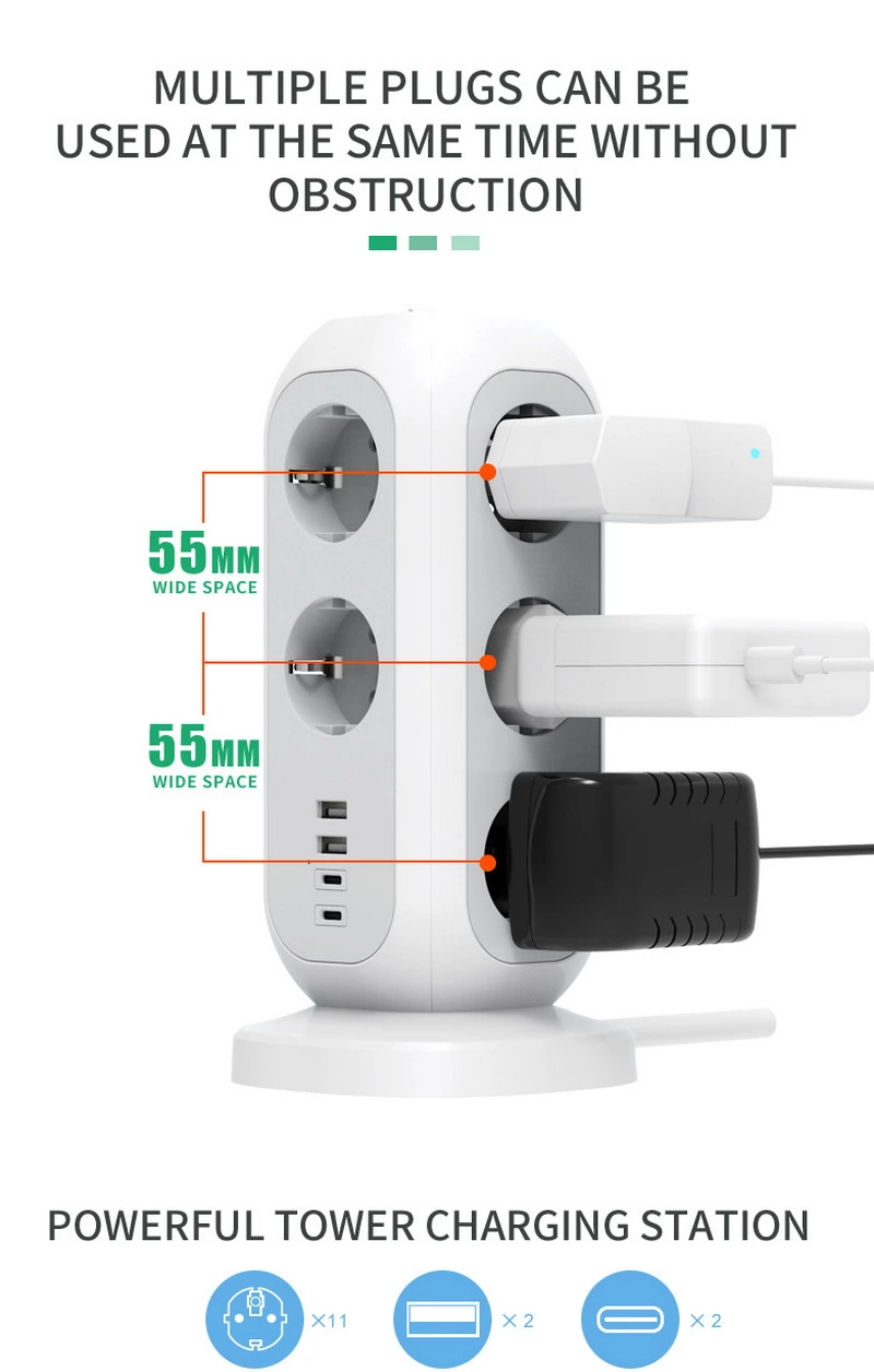 Tower Power Socket With 11 EU Power 2 USB-A, 2USB-C