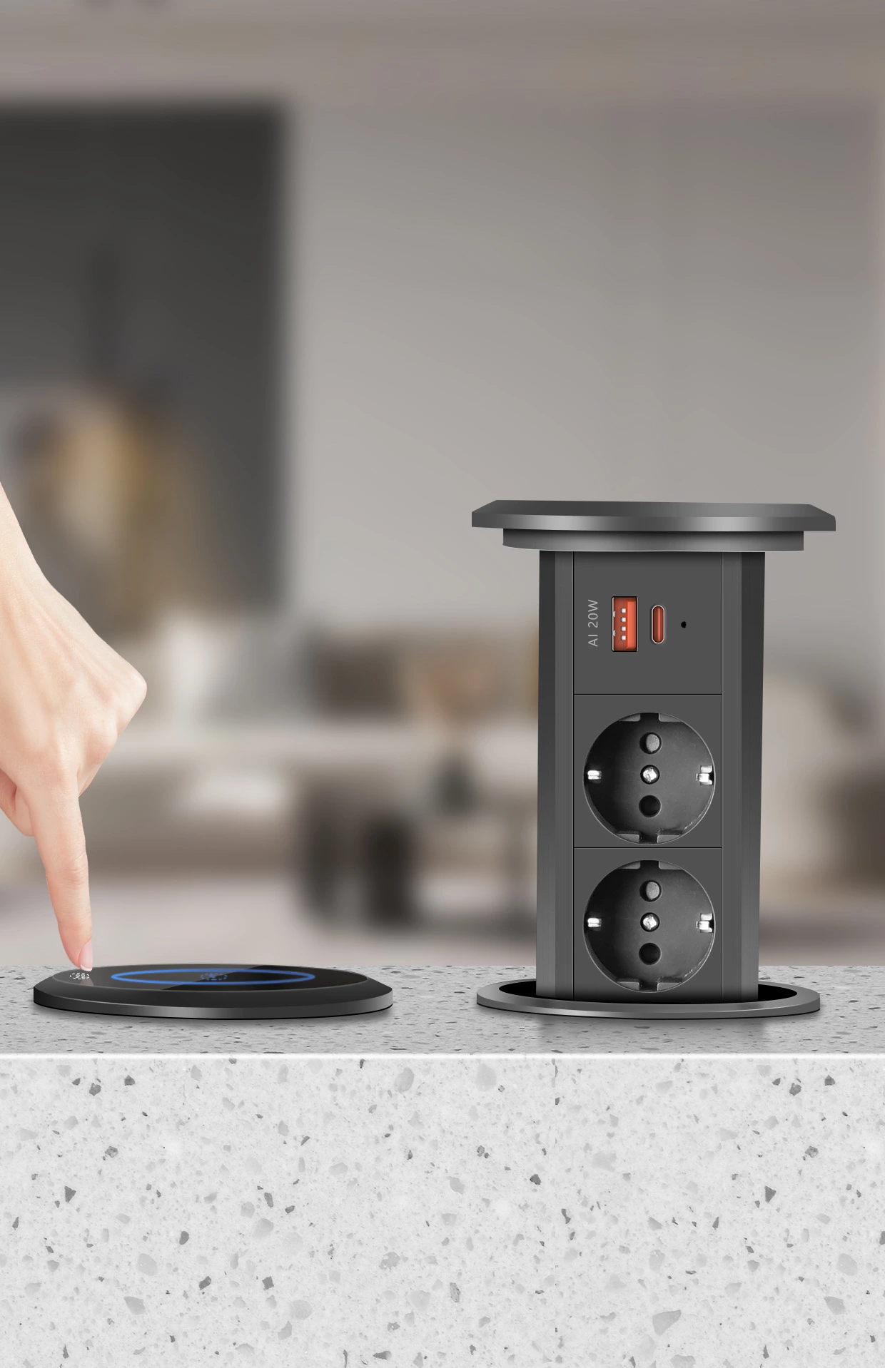 Aliminum Alloy Electrical Motorized Pop-up Power Socket With Wireless Charger 15w