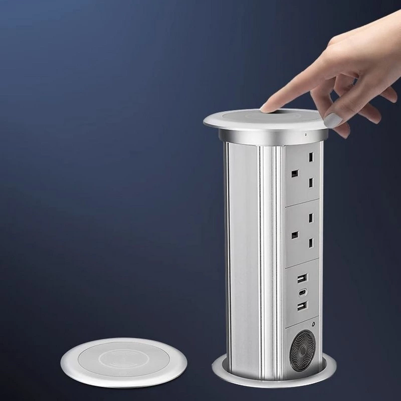 Automatic Rise Kitchen Tabletop Pop up Outlet Power Desk Lift Pop up Socket with Phone Wireless Charger