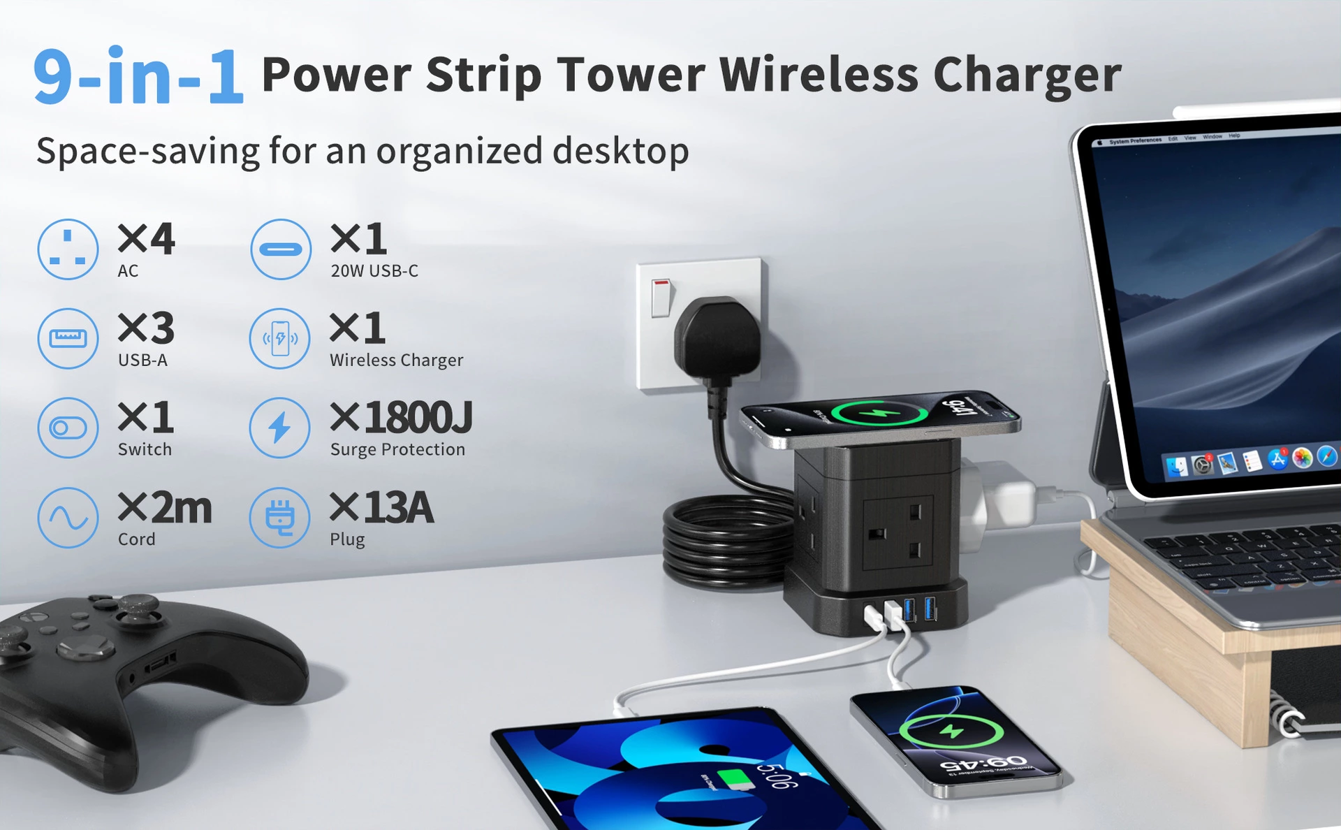 9 -in-1 UK power outlet Tower socket Wireless charger