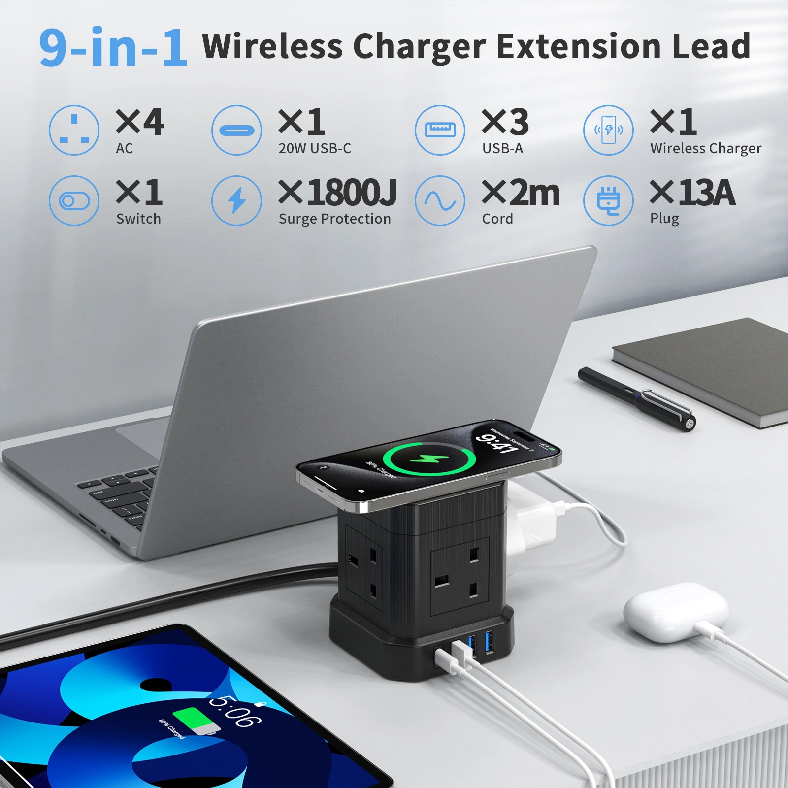 9 -in-1 UK power outlet Tower socket Wireless charger