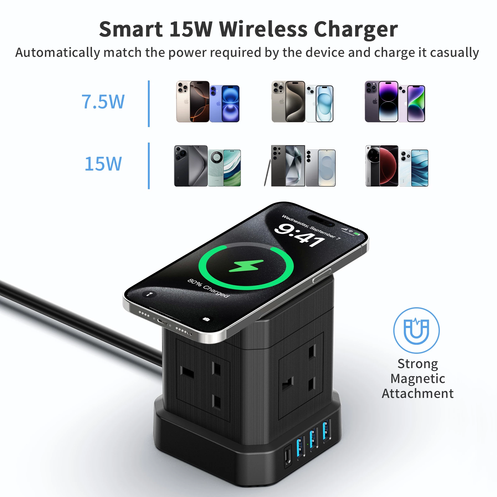 9 -in-1 UK power outlet Tower socket Wireless charger