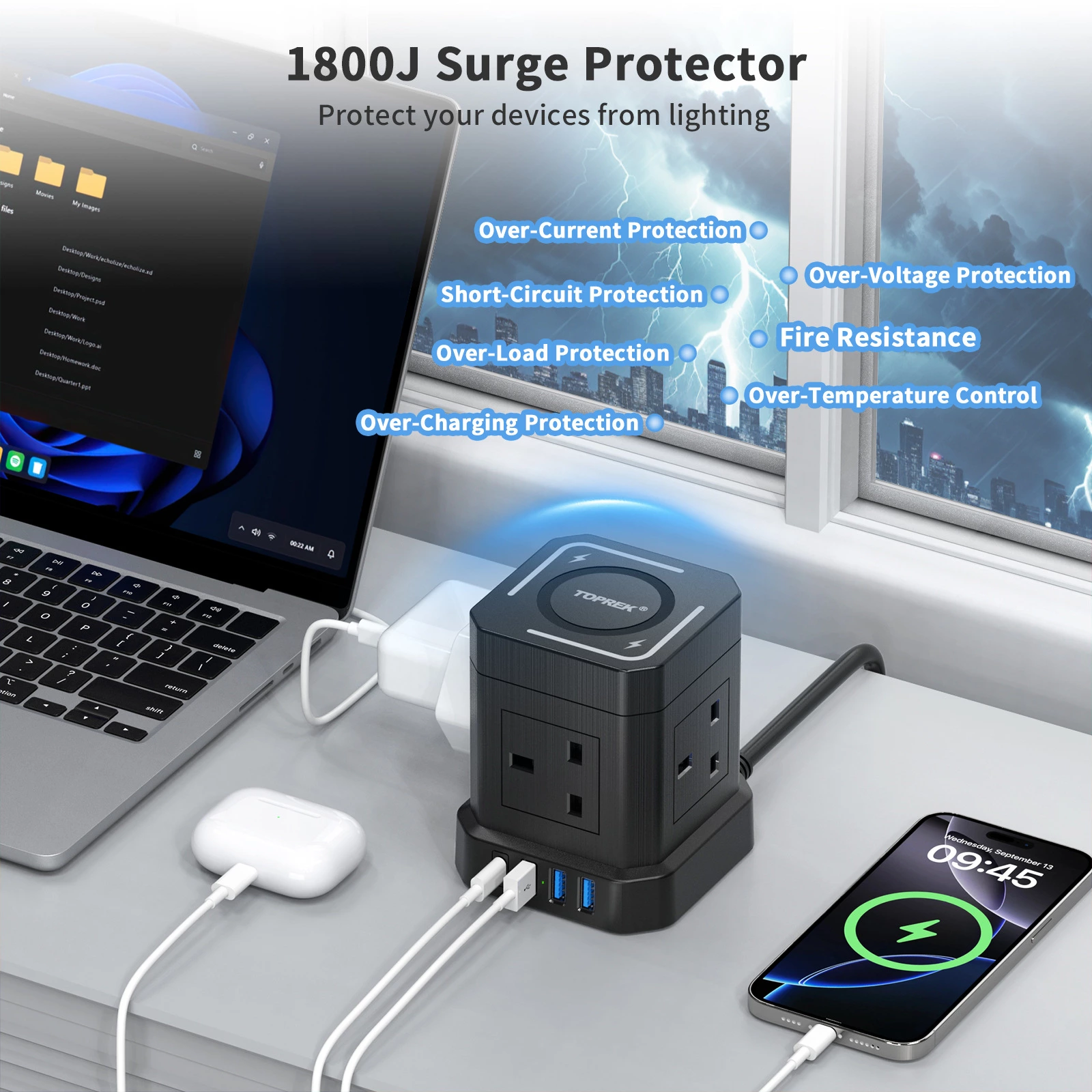 9 -in-1 UK power outlet Tower socket Wireless charger