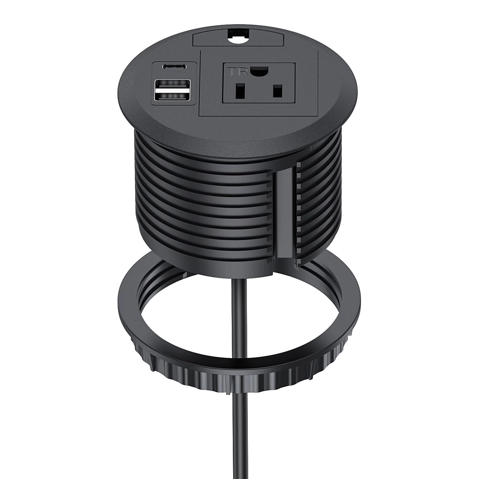 Desktop Power Grommet Outlet PD 20W Fast Charging USB-C,Tamper-Resistant Design AC Outlets,3.15'' Cable Hole Grommet Outlet,Recessed Power Grommet with 3 USB Ports (1-Pack)