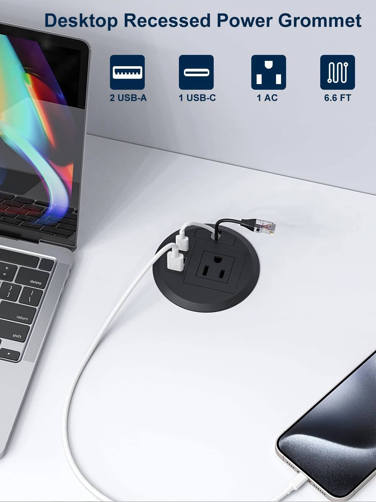 Desktop Power Grommet Outlet PD 20W Fast Charging USB-C,Tamper-Resistant Design AC Outlets,3.15'' Cable Hole Grommet Outlet,Recessed Power Grommet with 3 USB Ports (1-Pack)